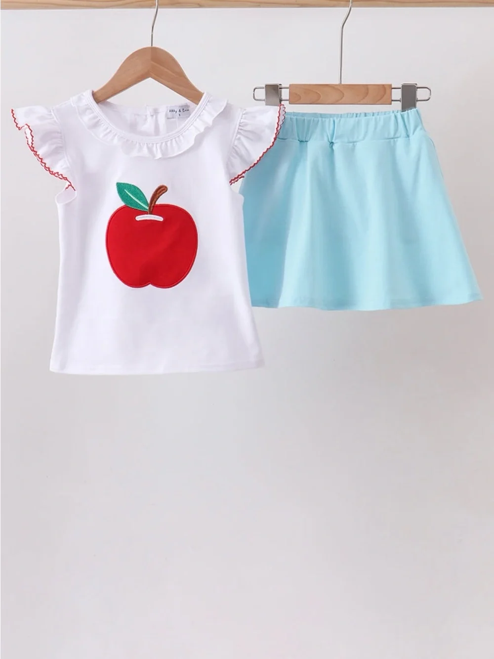 Girls Apple Applique Top & Light Blue Skort Set